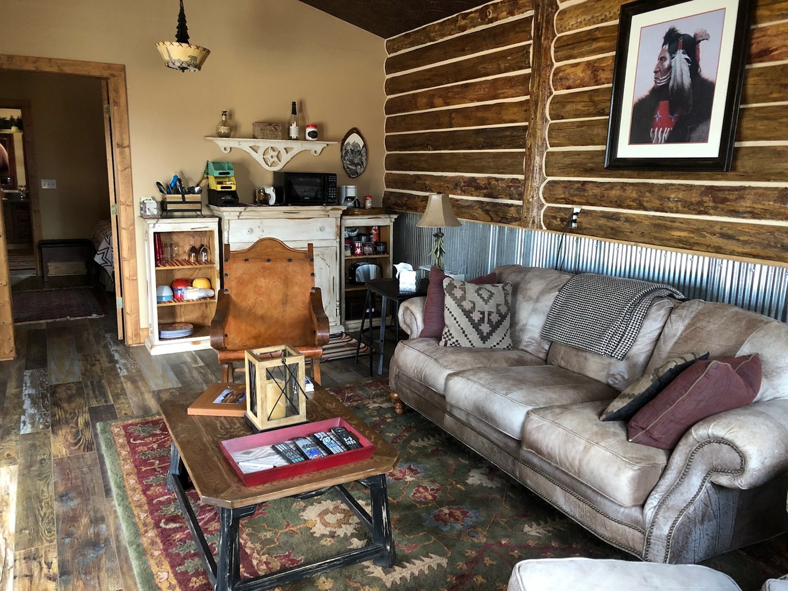 Bunkhouse main room with couch and western decor